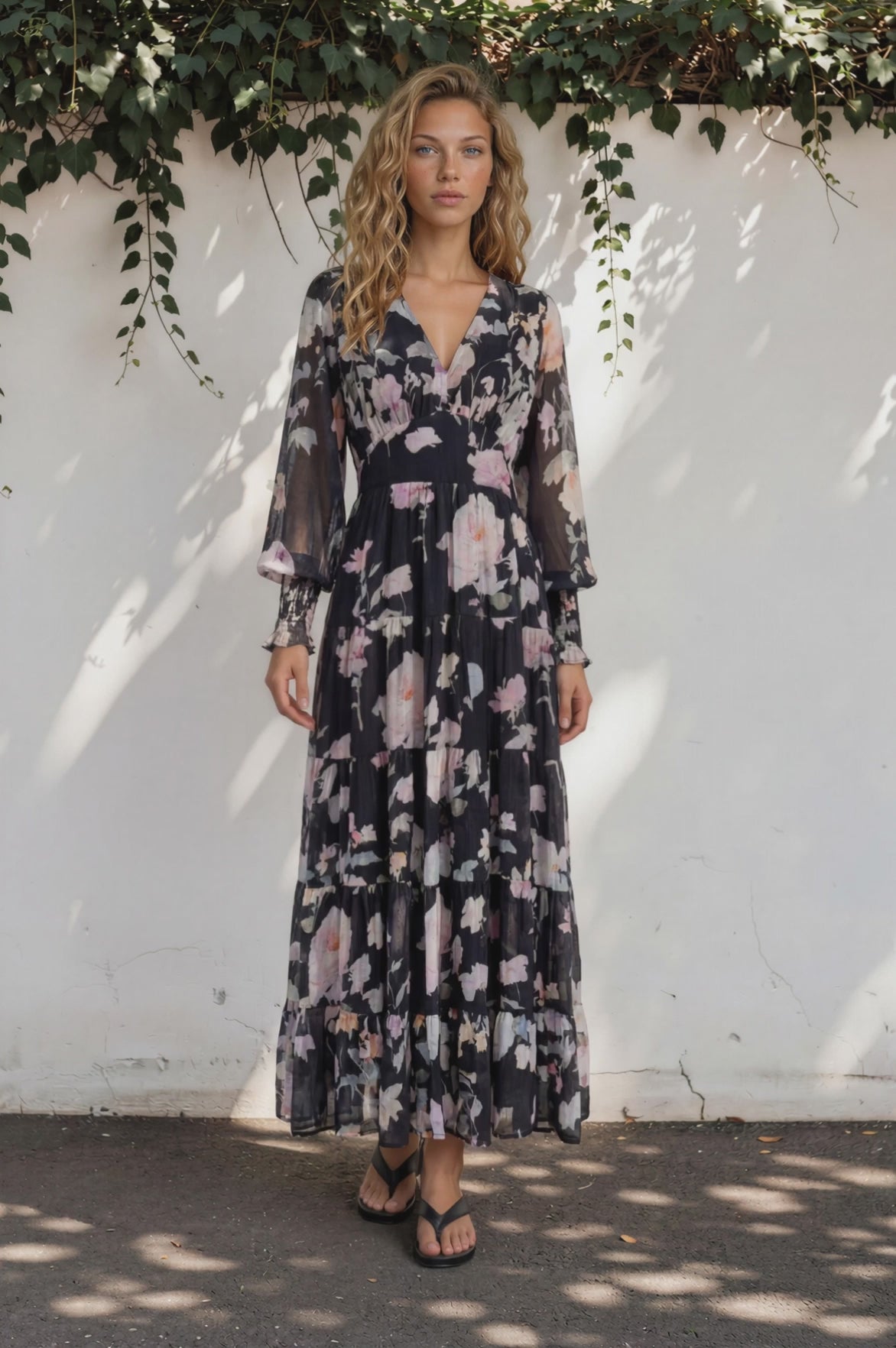 Trina Maxi Dress - Deep V Neck Tiered A-Line Dress with Balloon Sleeves in Bronson Print