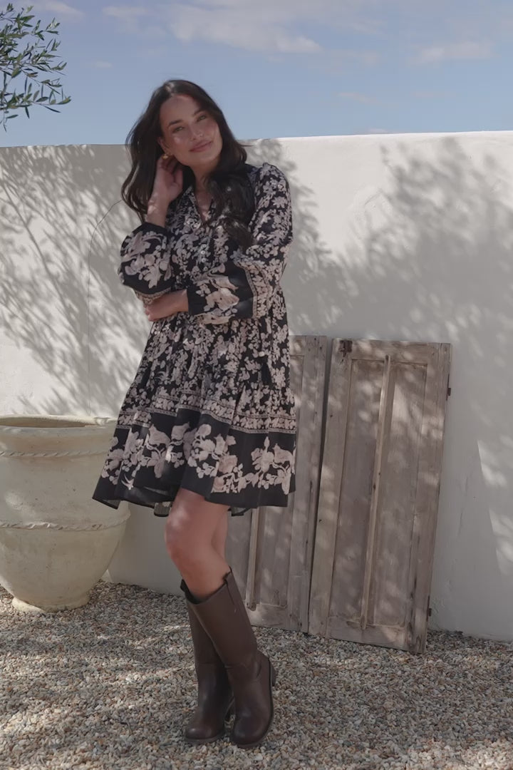 Olivia Mini Dress - Mandarin Collar Tiered Smock Dress with Long Sleeves in Villa Print