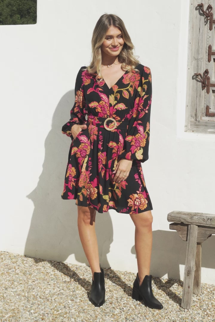 Lyna Mini Dress - A Line Dress with Statement Rattan Buckle Belt in Valerie Print