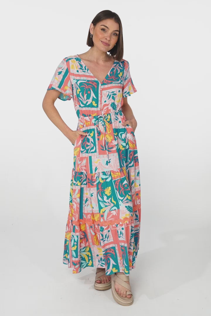 Shyla Maxi Dress: Pull Tie Waist A Line Dress with Rick Rack Splicing in Jaylie Print