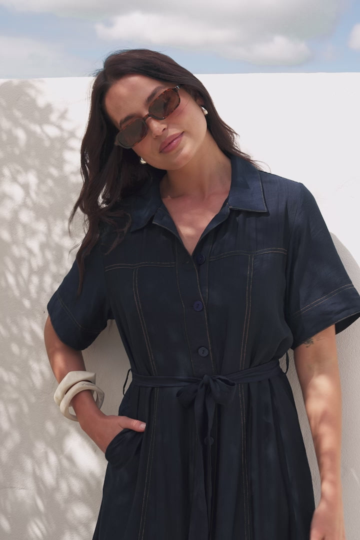 Miranda Midi Dress - Contrast Stitching Shirt Dress with Matching Waist Tie in Navy