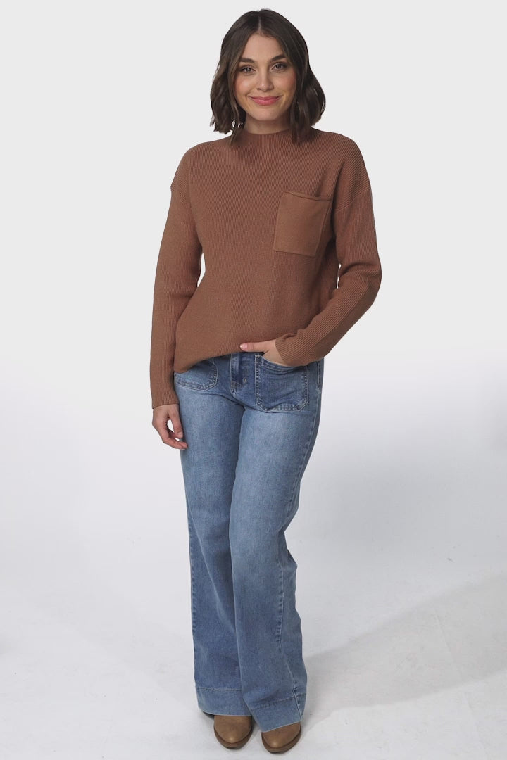 Laney Knit Top - Ribbed Crew Neck Knit Top in Brown