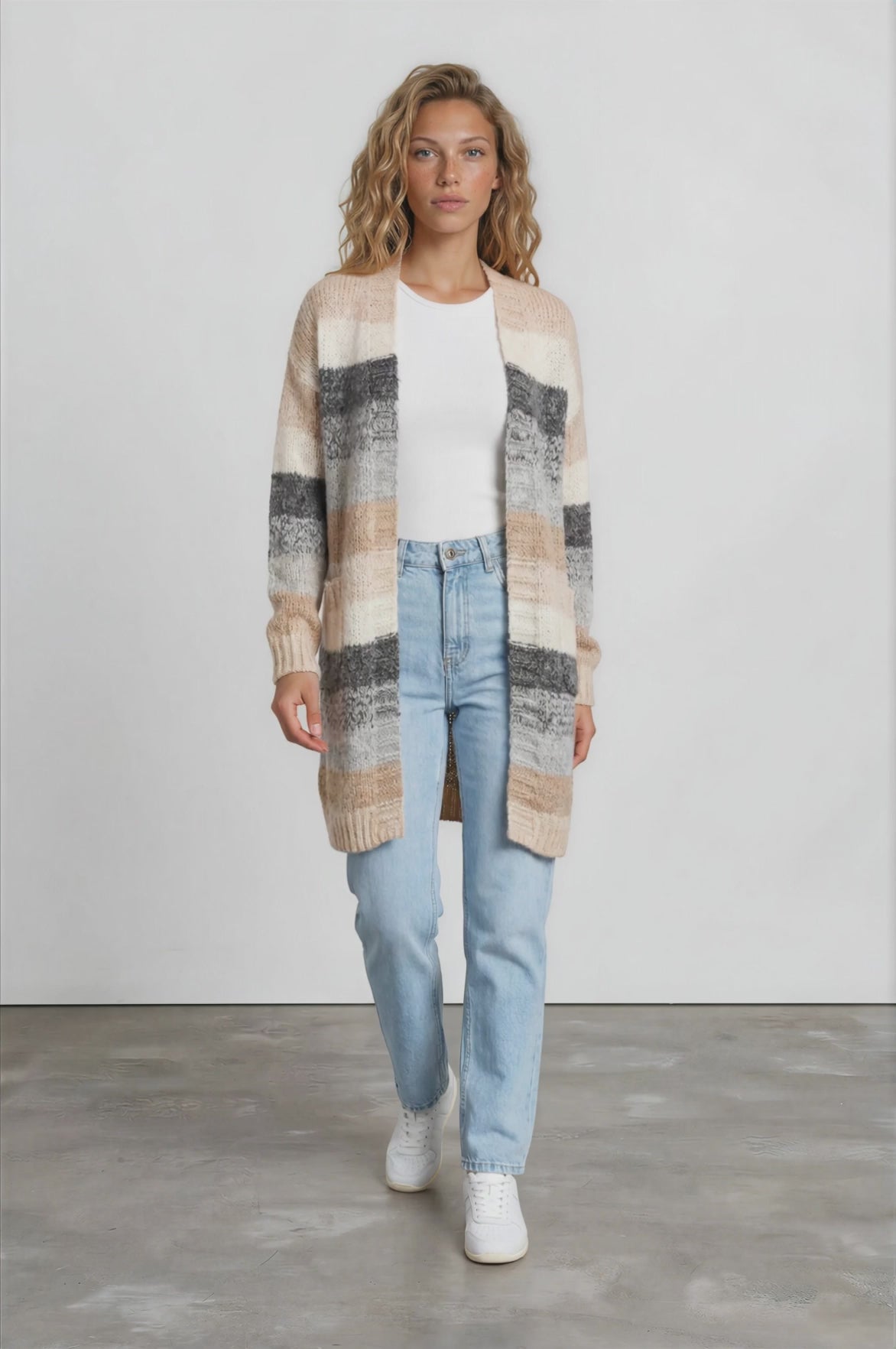 Tess Cardigan - Open Front Stripe Knit with Pockets in Beige