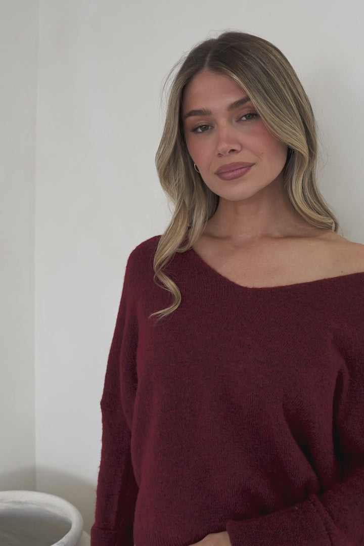 Carol Knit Top - Soft V Neck Batwing Sleeve Knit Top in Wine