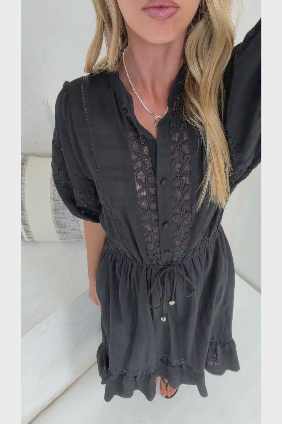 Dove Maxi Dress - Plaid Textured Lace Detailed Dress with Puff Sleeves in Black