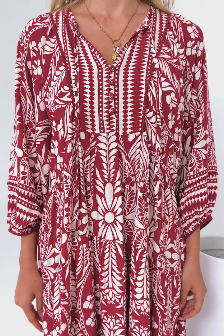 Kamali Midi Dress - Batwing Sleeve Smock Dress with Lace Detailing in Marette Print Red