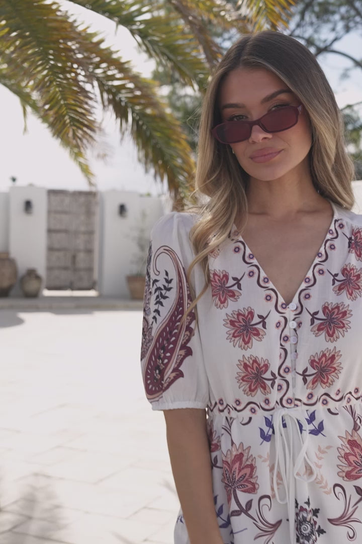 Bestie Mini Dress - V Neck Balloon Sleeve Dress with Tie Waist and Pockets in Magah Print White