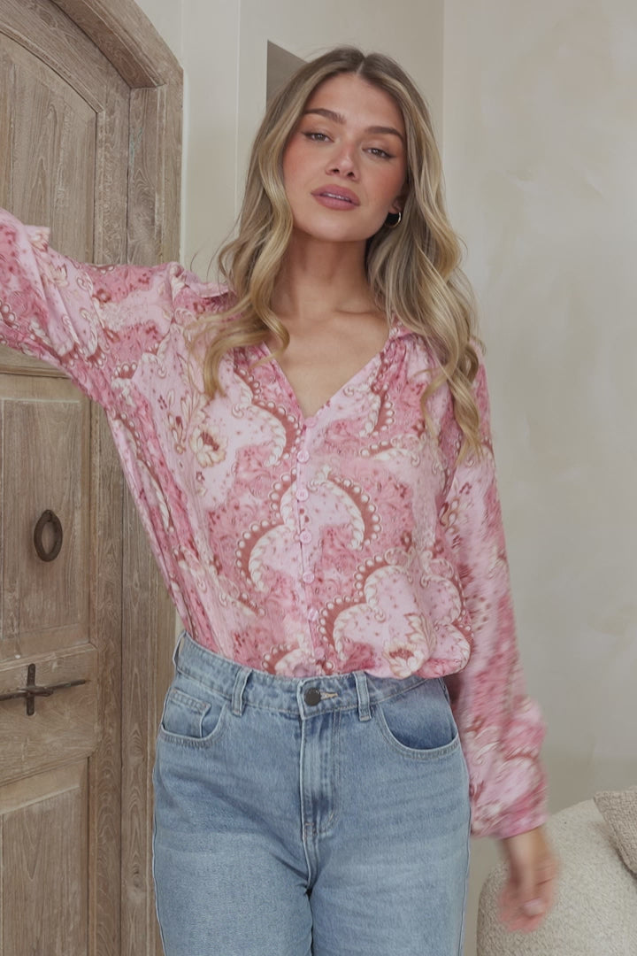 Akri Blouse - Wing Collar Button Down with Long Sleeves in Delta Print