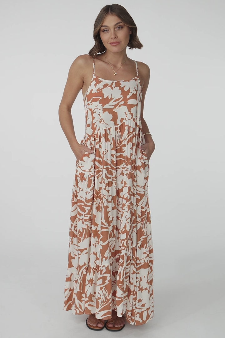 Kana Maxi Dress - Spaghetti Strap Asymmetric Tiered Dress in Charis Print Rust