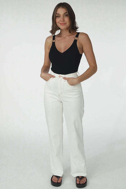 Ariel Jeans - Contrast Stitching High Waisted Warm White Straight Leg Jeans