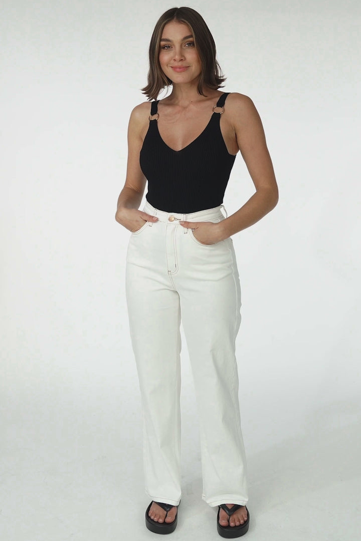 Ariel Jeans - Contrast Stitching High Waisted Warm White Straight Leg Jeans