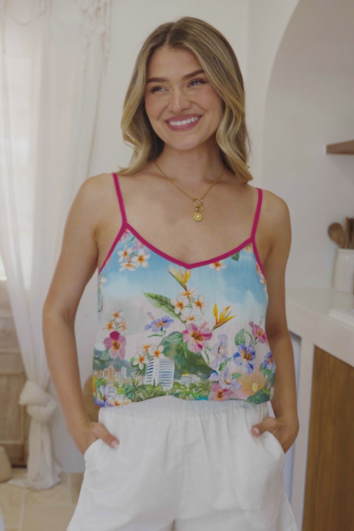 Micaela Top - V-Neck Contrast Trim Cami with Adjustable Straps in Della Print