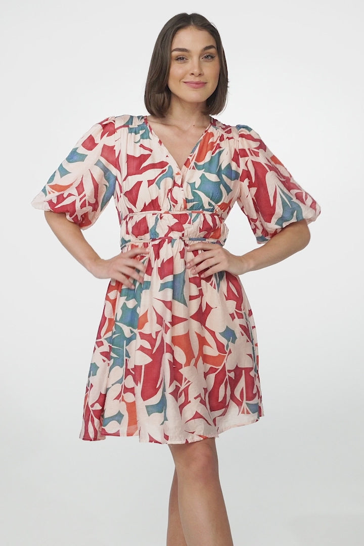 Ester Mini Dress - Cross Front Neckline Gathered Waist A Line Dress in Polina Print Magenta