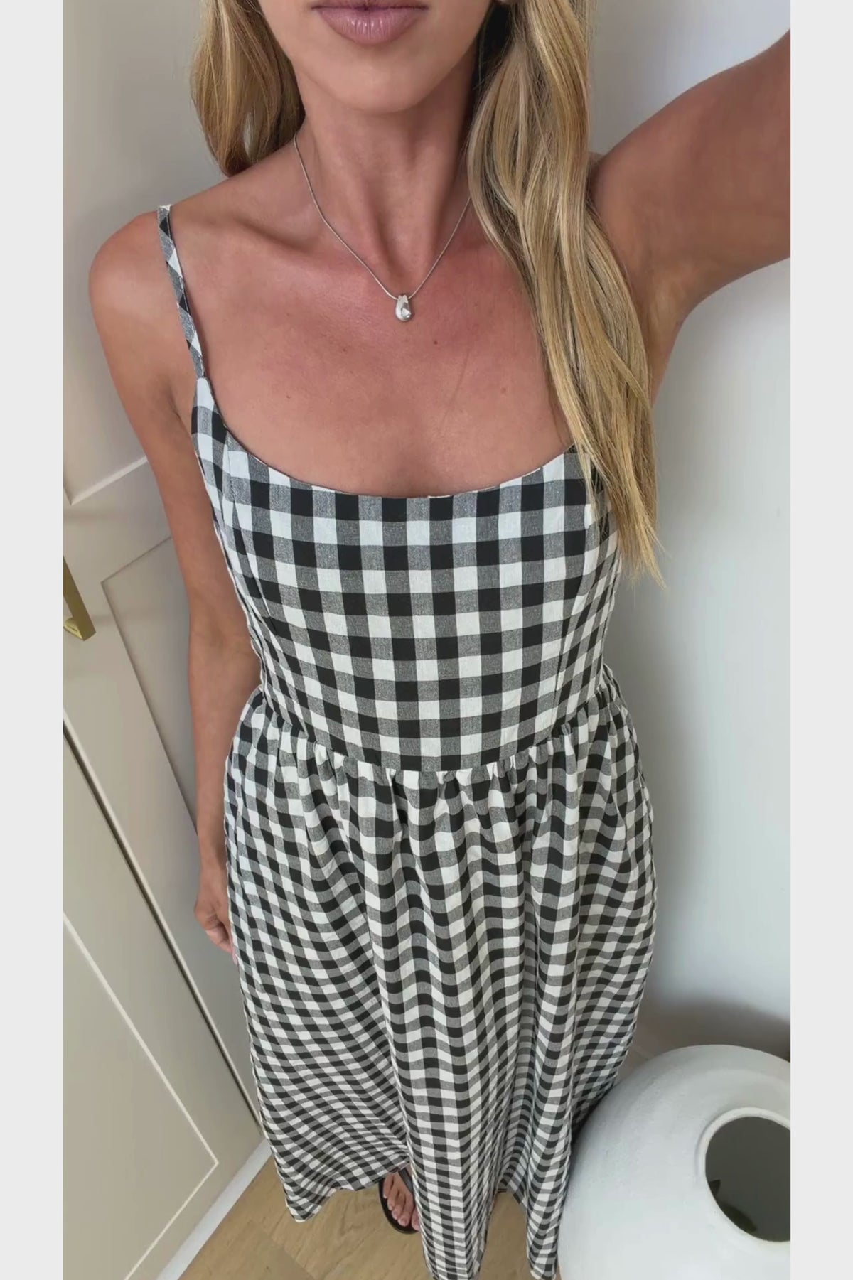 Danessa Midi Dress - Square Neck Sun Dress with Adjustable Straps and Pockets in Black Gingham