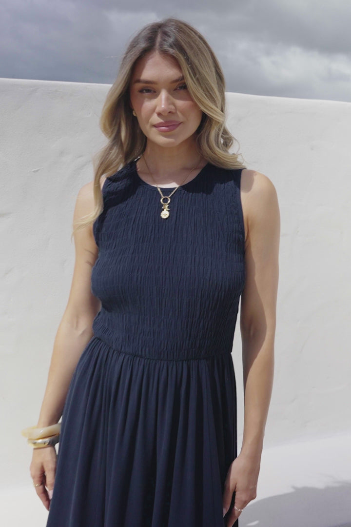 Adrian Midi Dress - Sleeveless Shirred Bodice A-Line Dress in Navy