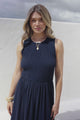 Adrian Midi Dress - Sleeveless Shirred Bodice A-Line Dress in Navy