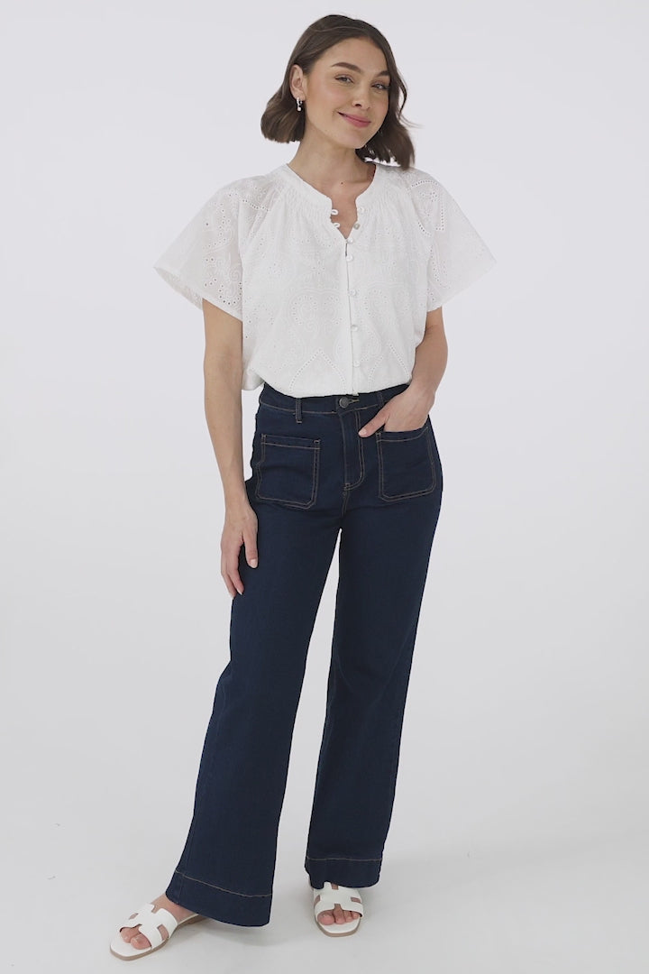 Felicity Blouse - Mandarin Collar Button-Down Embroidered Blouse in White