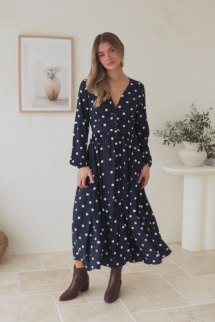 Soho Midi Dress - V Neck Button Down Tiered Dress with Pockets in Parisian Polka Print Navy