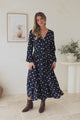Soho Midi Dress - V Neck Button Down Tiered Dress with Pockets in Parisian Polka Print Navy