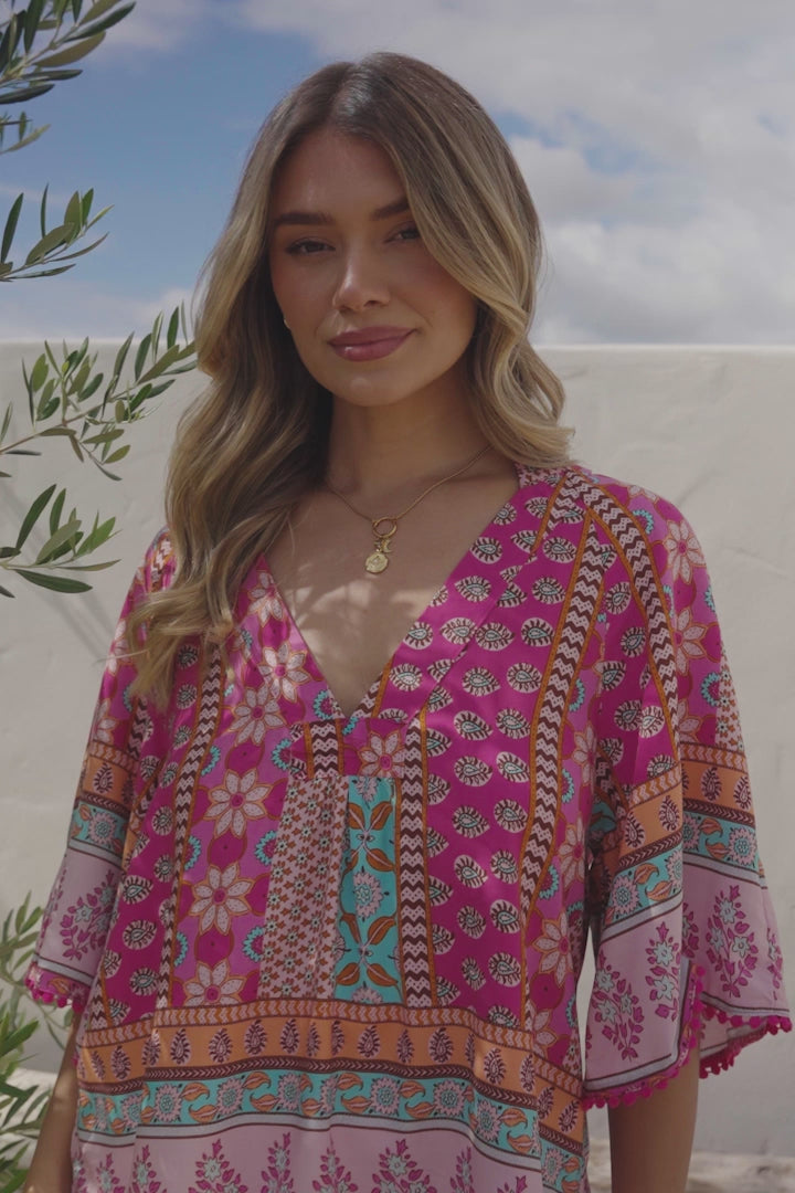 JAASE - Gabriella Top: Mandarin Collar Deep V Neck Crochet Trim Top in Cedella Print