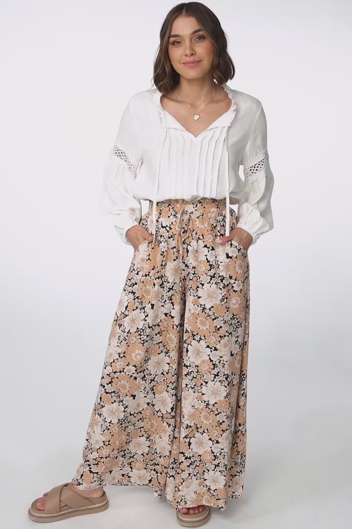 Lyanna Pants Paper Bag High Waisted Wide Leg Pants with Floral Print
