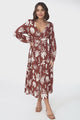 Bello Midi Dress -  Button Through Dress with Balloon Sleeves in Wells Print Brown