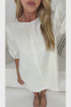 Spencer Mini Dress - Boxy Shift Dress with Puff Sleeves and Pockets in White