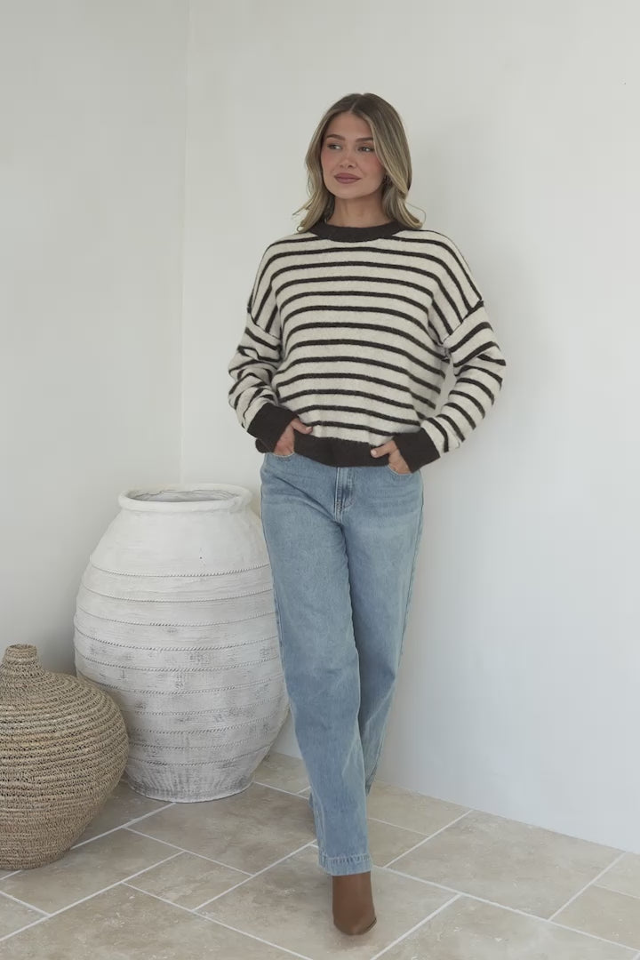 Hershey Jumper - Crew Neck Striped Ribbed Hem Knit in Cream/Chocolate
