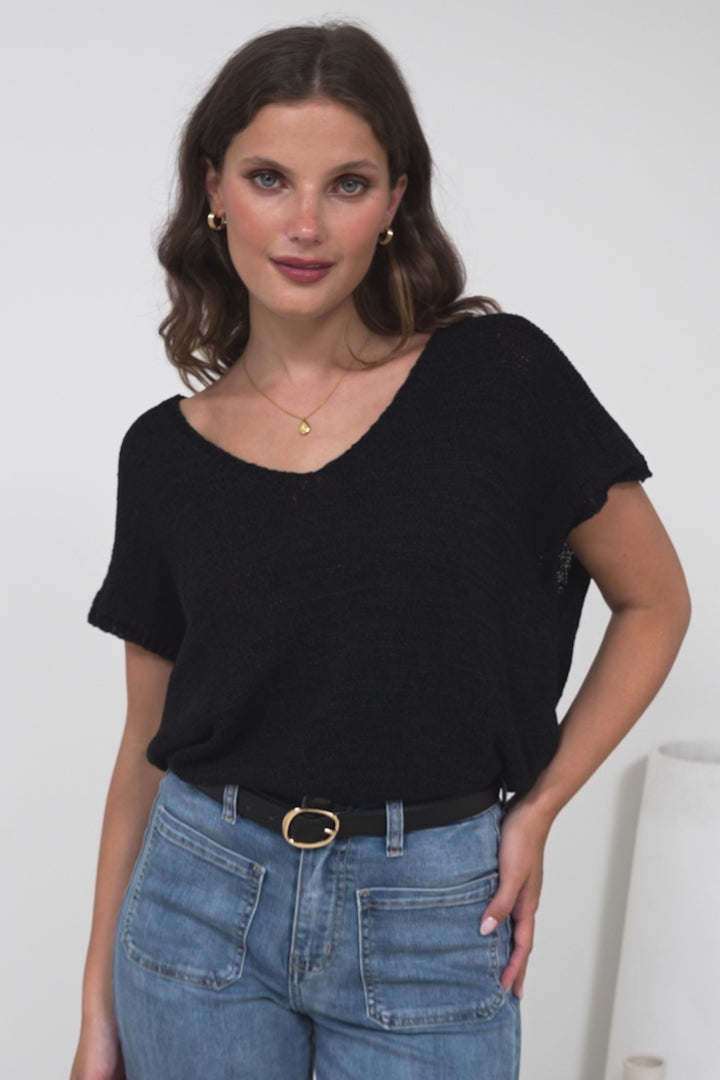 Millicent Knit Top - Relaxed V-Neck Top with Ribbed Hemline in Black