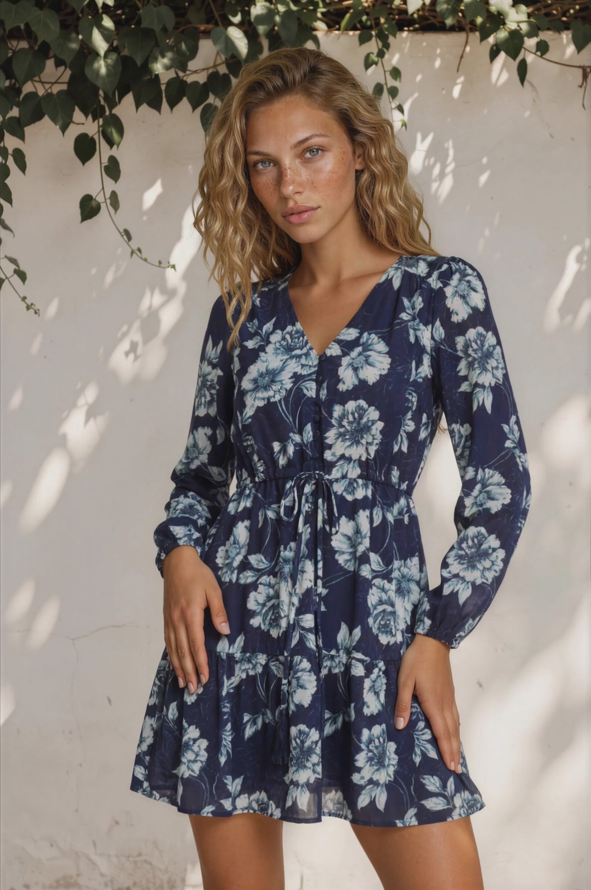 Villia Mini Dress - V Neck Buttoned Bodice Dress with Pull Tie Waist and Pockets in Minka Print Navy