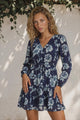 Villia Mini Dress - V Neck Buttoned Bodice Dress with Pull Tie Waist and Pockets in Minka Print Navy