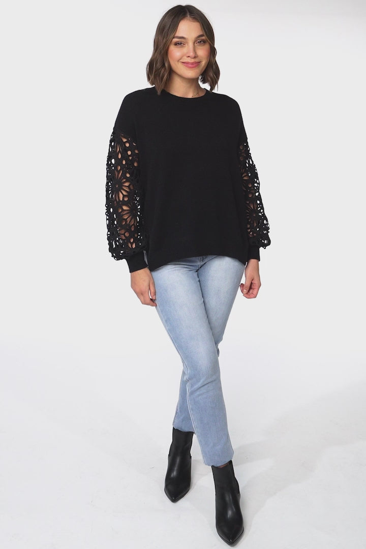 Carley Jumper - Crew Neck Lace Sleeve Knit in Black