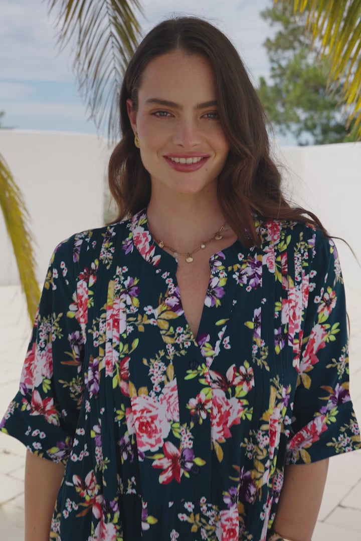 Evie Mini Dress - 3/4 Sleeve Tiered Smock Dress in Virginia Print Navy