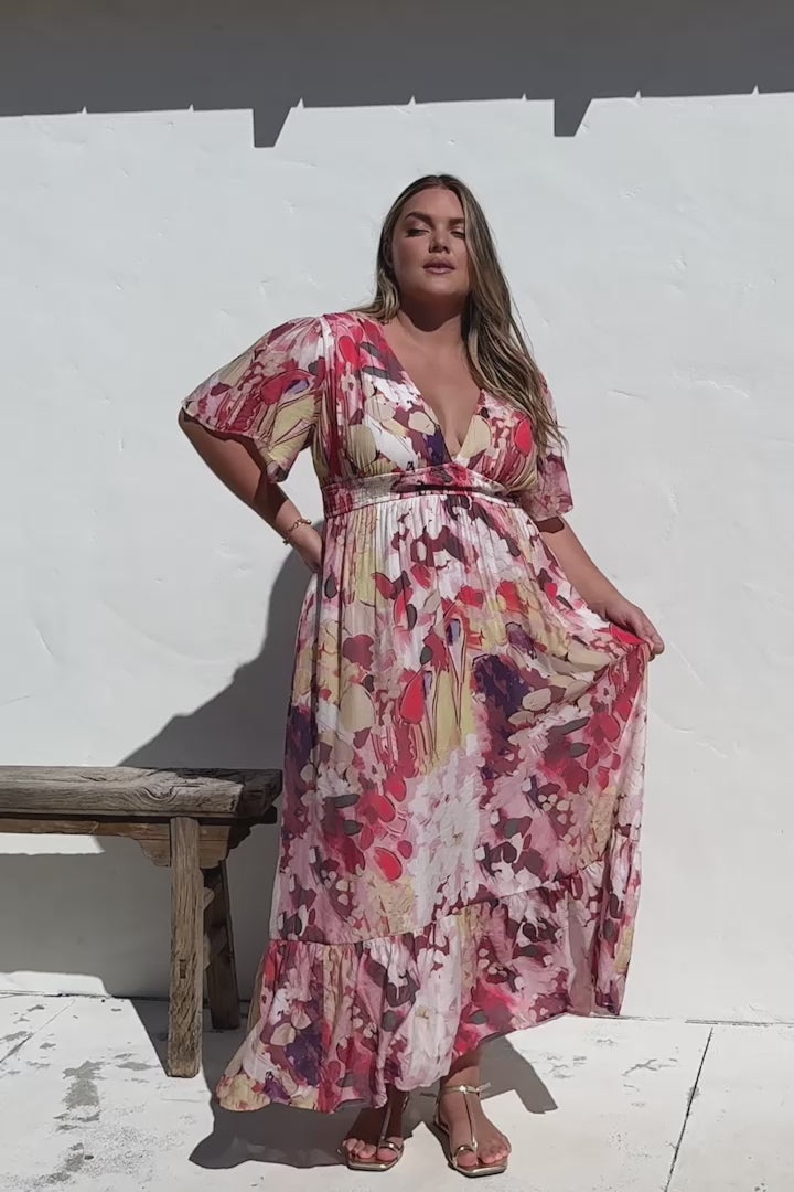 Glades Maxi Dress - V Neck Shirred Waist A Line Dress in Kamara Print Red