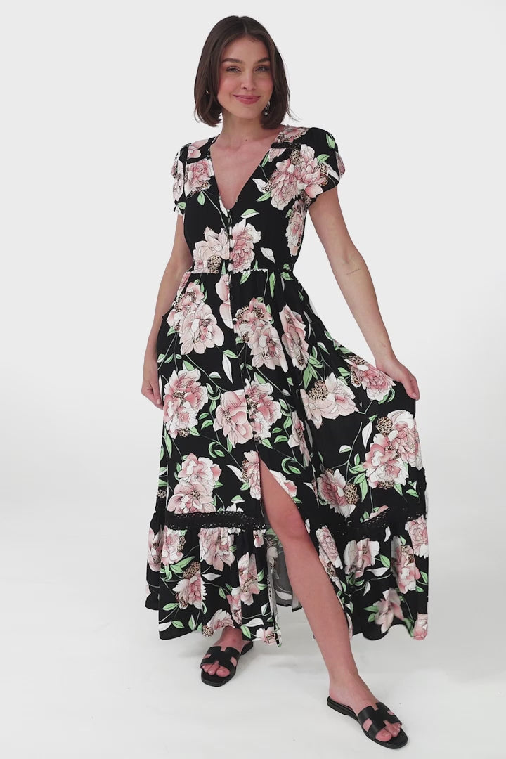 JAASE - Carmen Maxi Dress: Butterfly Cap Sleeve Button Down A Line Dress with Lace Trim in Peach Wildflower Print