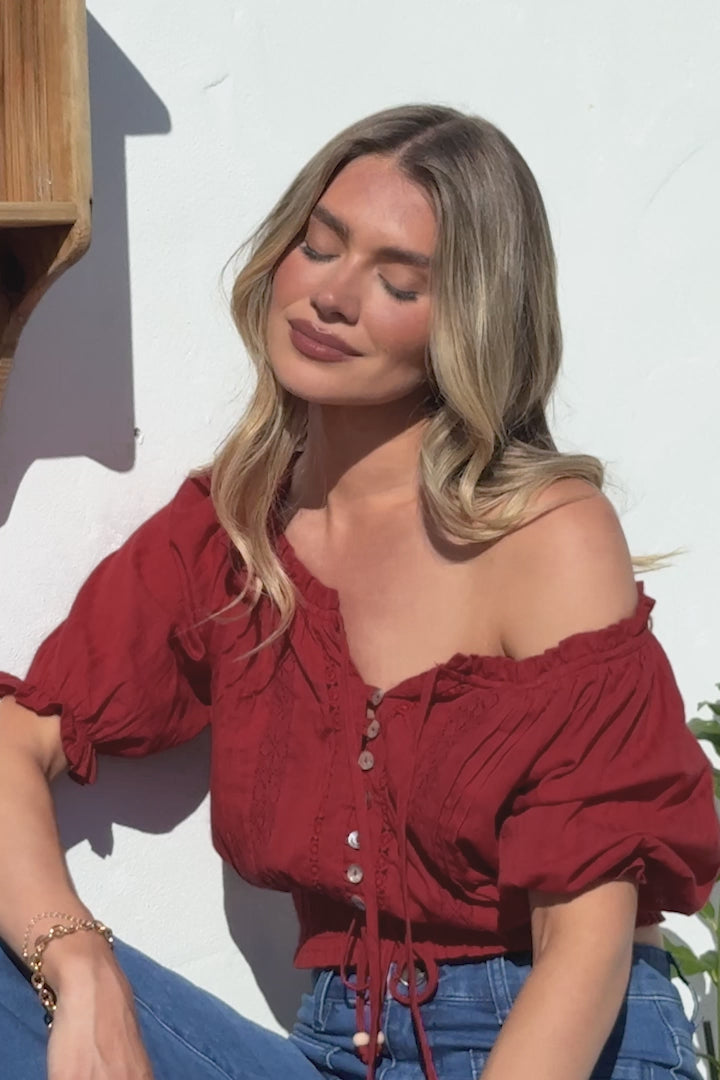 Nadiya Crop - Adjustable Neck and Hemline Crop with Pleating Details in Rust