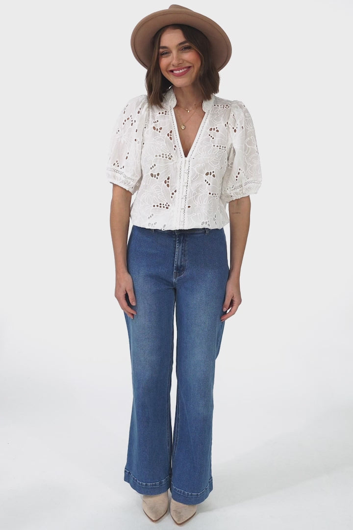 Clare Blouse - Hollow Out Embroidered Button Down Blouse in White