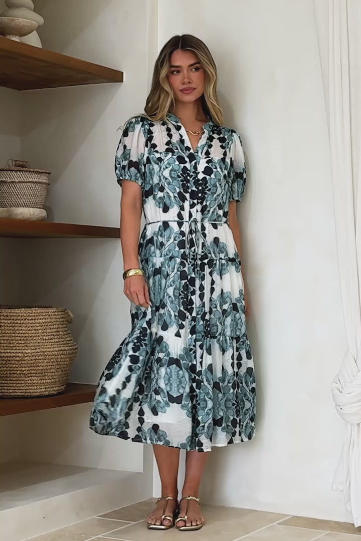 Lysa Midi Dress - Mandarin Collar Button Down Dress with Waist Tie in Calea Print Blue