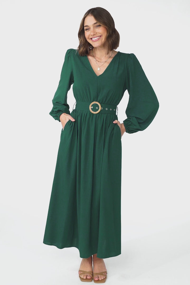 Lyna Midi Dress - A-Line Dress with Statement Rattan Buckle Belt in Emerald