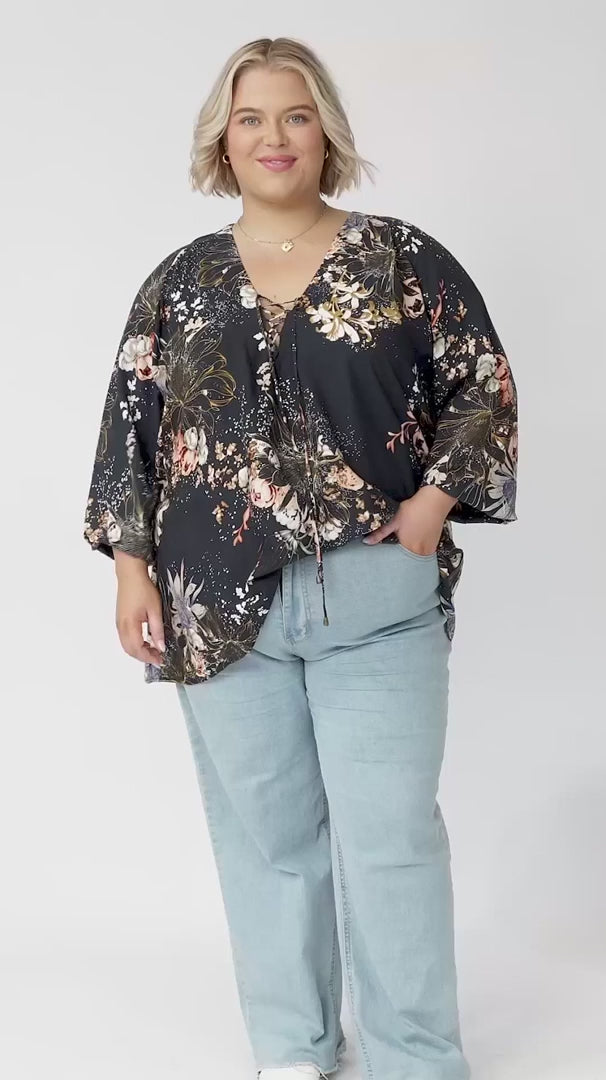 Palas Top in the Indigo Print: V Neck Slouch Blouse with Criss Cross Bust Tie