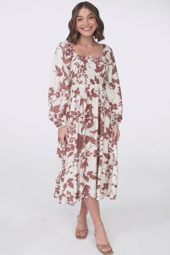 Samera Midi Dress - On or Off Shoulder A Line Dress in Kacia Print Brown