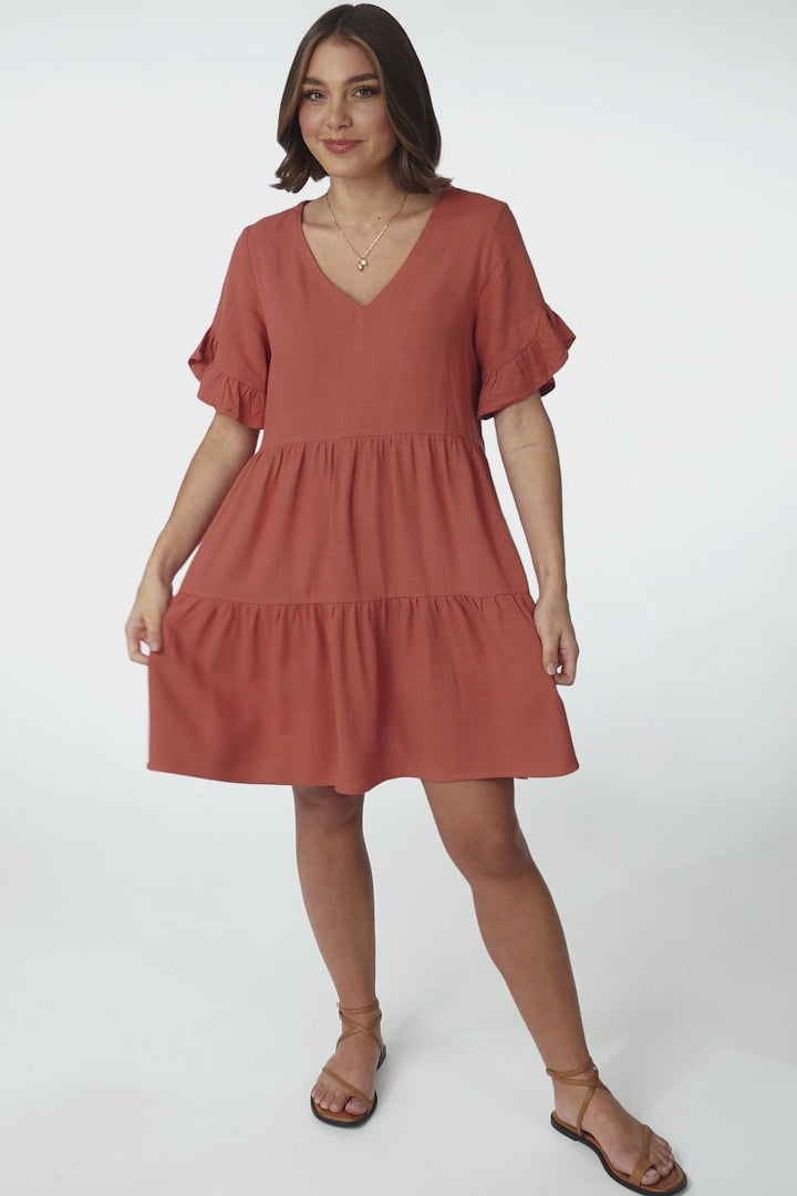 Audrina Mini Dress - Soft V Neck Tiered Dress with Pockets in Rust