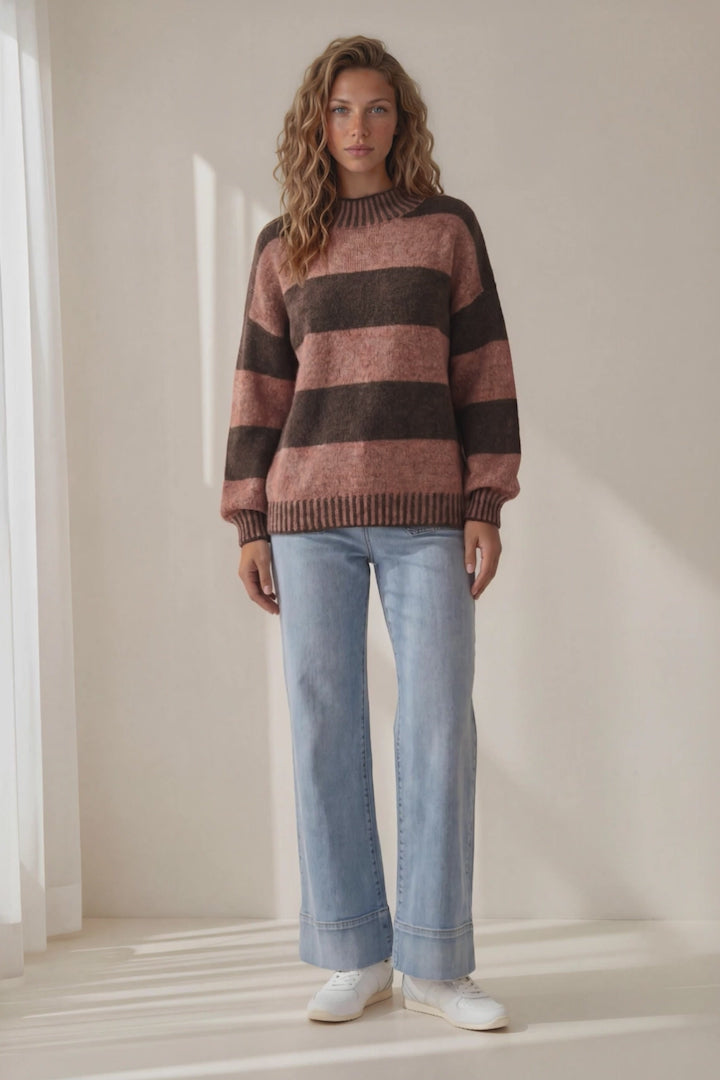 Janie Jumper - Mock Neck Striped Jumper with Contrast Stripe Hemlines in Tobacco