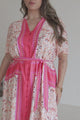Marissa Midi Dress - Mandarin Collar Button Down Short Sleeve Dress in Thabita Print Pink