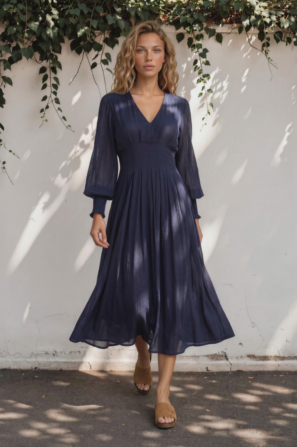 Vinia Maxi Dress - V Neckline Dress with Long Sheer Sleeves in Navy