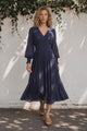 Vinia Maxi Dress - V Neckline Dress with Long Sheer Sleeves in Navy