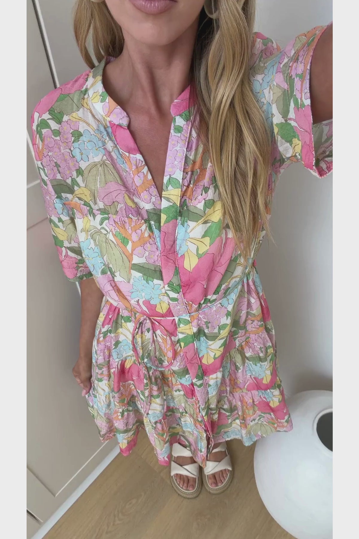 Alissa Mini Dress - Mandarin Collar Shirt Dress with Waist Tie in Wisteria Print