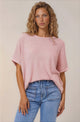 Andre Top - Crew Neck Slouchy Knit Top with Cuffed Short Sleeves in Pink