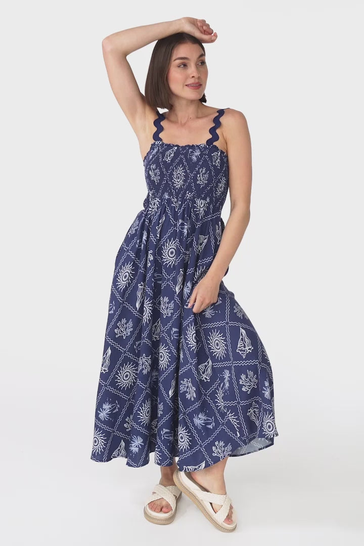 Mel Midi Dress - Rick Rack Strap Elasticated Bodice Sun Dress in Kalah Print Navy