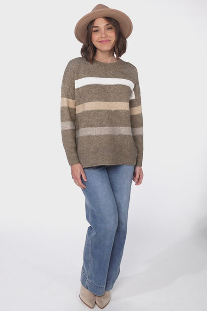 Wendi Jumper - High-Low Stripe Wool Blend Jumper in Brown